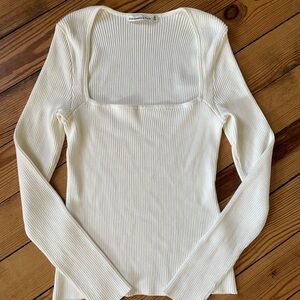 Abercrombie & Fitch Ivory Ribbed Square-Neck Long Sleeve Top